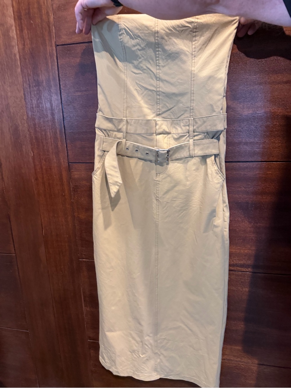 Zara Strapless Belted Midi Dress in Beige